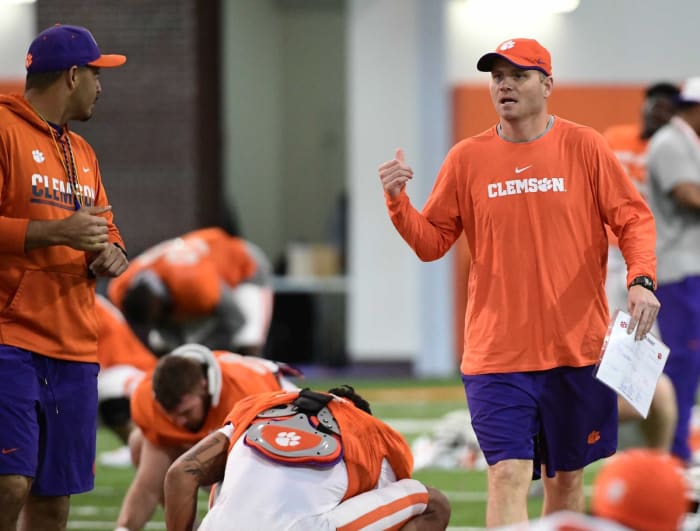 Brandon Streeter and Tony Elliott during 2019 Clemson Football practice
